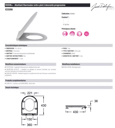 Abattant complet blanc Rodin+ extra-plat &agrave; descente progressive - JACOB DELAFON R&eacute;f. E23280-00 (SUIVI)