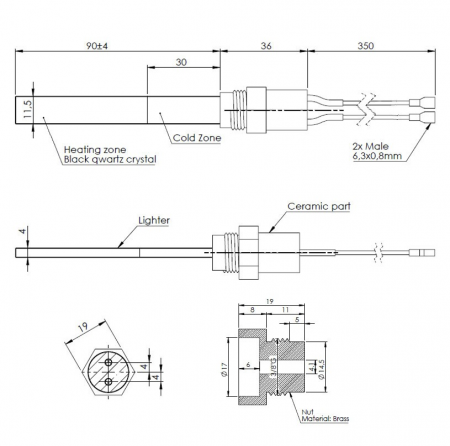 Bougie quartz (étanche) allumage granulés adaptable diamètre 11.5x4mm / 103mm sous écrou / puissance 300 watts (SUIVI)