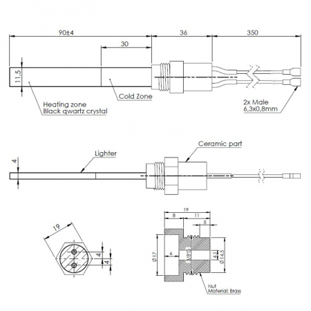 Bougie quartz (étanche) allumage granulés adaptable diamètre 11.5x4mm / 103mm sous écrou / puissance 400 watts (SUIVI)