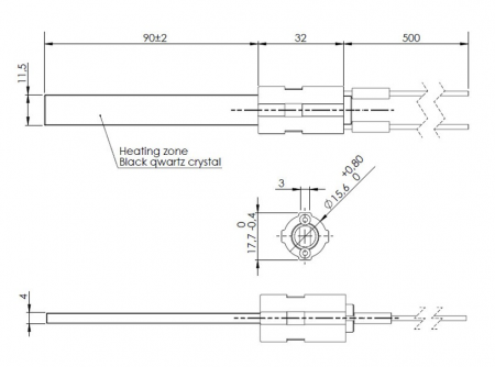 Bougie quartz (étanche) allumage granulés adaptable diamètre 11.5x4mm / 90mm sous bride / puissance 400 watts (SUIVI)