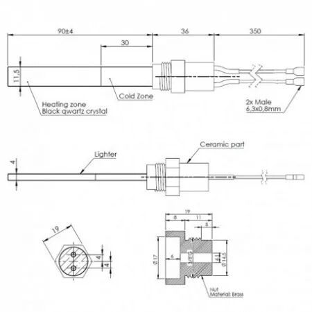 Bougie quartz allumage granulés adaptable diamètre 11.5x4mm / 101mm sous écrou / puissance 120 watts (SUIVI)