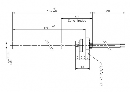 Bougie résistance allumage granulés adaptable diamètre 9.5 mm / 156mm sous écrou / puissance 250 watts (SUIVI)