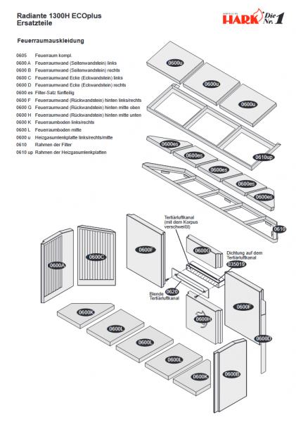 Jeu de 16 briques de foyer (hors filtres) Radiante 1300H Ecoplus - HARK R�f. ETRAD0605077